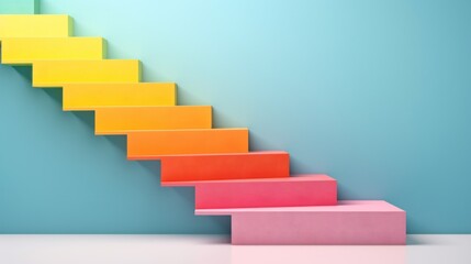 Obraz premium a colorful stair going up to the top of a blue wall with a blue wall in the background and a blue wall in the foreground with a white floor.