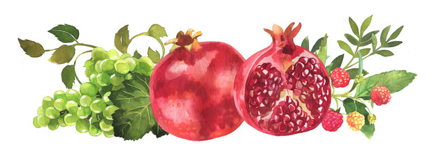 Watercolor fruits isolated on a white background. Sweet summer fruits artwork. Pomegranate and grapes design.