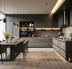 Minimalistic modern kitchen with table, chairs and parquet floor, white and gray interior design, 3d illustration