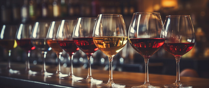 Wine glasses in a row. Pouring wine. Buffet table celebration of wine tasting. Nightlife, celebration and entertainment concept. Horizontal, wide screen banner format