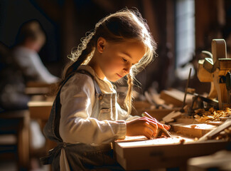 Working with clay. Little girl is learning how to do pottery in the workshop. - obrazy, fototapety, plakaty