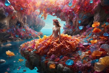A woman in a dress sitting on a rock surrounded by colorful flowers