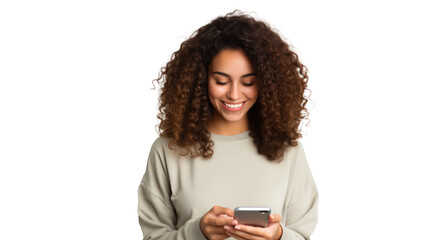 Portrait of a happy woman using mobile phone isolated over transparent background