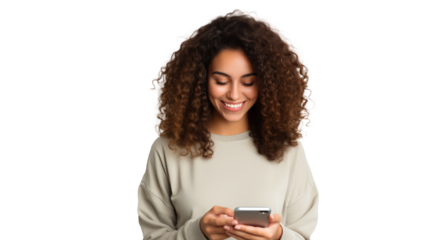 Portrait of a happy woman using mobile phone isolated over transparent background
