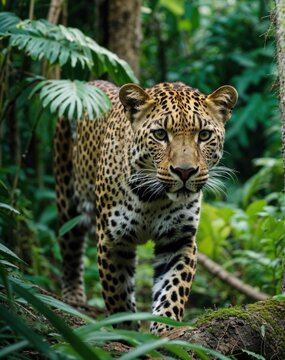 Full body photo of a Leopard hunting  in the wild, with a majestic gaze, and beautiful sunlight pouring through the forest leaves, ultra HD high resolution nature photo with beautiful detail and fur
