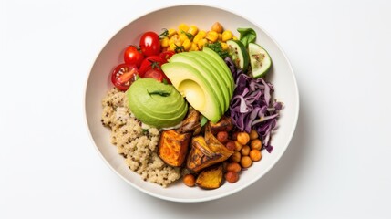  a white bowl filled with assorted vegetables and a green avocado on top of a bed of cauliflower, beans, rice, carrots, and avocado.