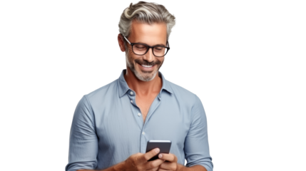 Mid adult man texting phone message on smart phone isolated on transparent background. Happy mixed race guy using app on mobile phone