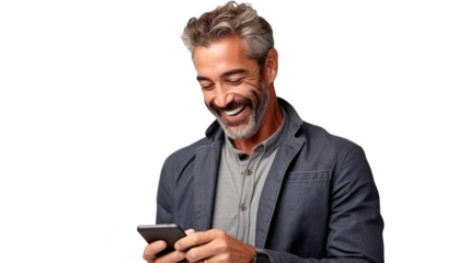 Mid adult man texting phone message on smart phone isolated on transparent background. Happy mixed race guy using app on mobile phone