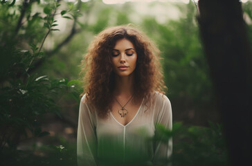 Tranquil woman meditating in lush forest