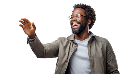 Middle aged cheerful dark skinned male with shining smile, wears round spectacles, stands on transparent