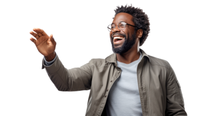 Middle aged cheerful dark skinned male with shining smile, wears round spectacles, stands on transparent