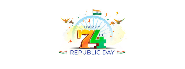 Fototapeta na wymiar Happy 74th republic day of India 3d Poster design. 26 January 2024 freedom celebration background. Tricolor flag with ashoka chakra illustration.