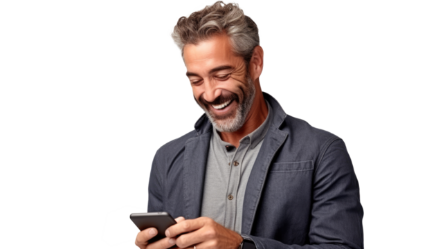 Mid adult man texting phone message on smart phone isolated on transparent background. Happy mixed race guy using app on mobile phone