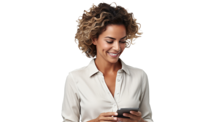 Portrait of a happy businesswoman using mobile phone isolated over transparent background