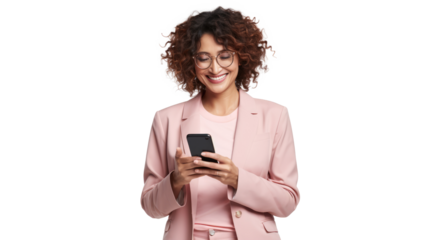 Portrait of a happy businesswoman using mobile phone isolated over transparent background