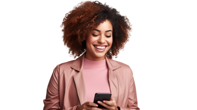 Portrait of a happy businesswoman using mobile phone isolated over transparent background