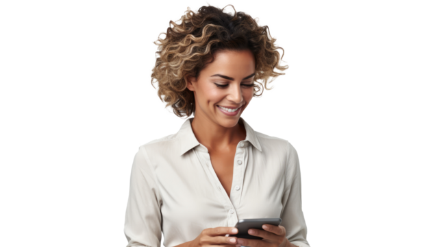 Portrait of a happy businesswoman using mobile phone isolated over transparent background