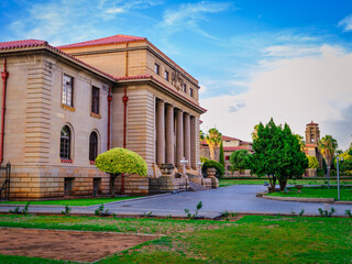 Side shot of Supreme Court of Appeal building and the city hall in the background from the front garden, free state, Bloemfontein, South Africa