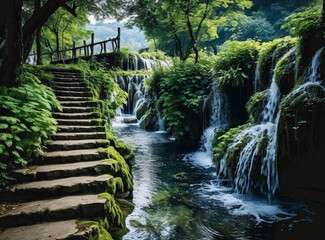Fototapeta premium illustration , 3d wallpaper A mesmerizing view of Plitvice Lakes National Park in Croatia