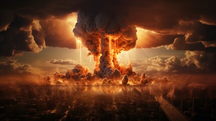 Nuclear explosion over populated city. Fire mushroom cloud. Nuclear blast of atomic bomb. Apocalypse, war. AI Generated