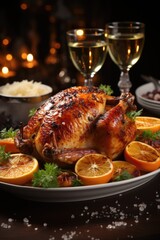 Roasted turkey on the plate. Traditional festive food for Christmas or Thanksgiving. AI Generated