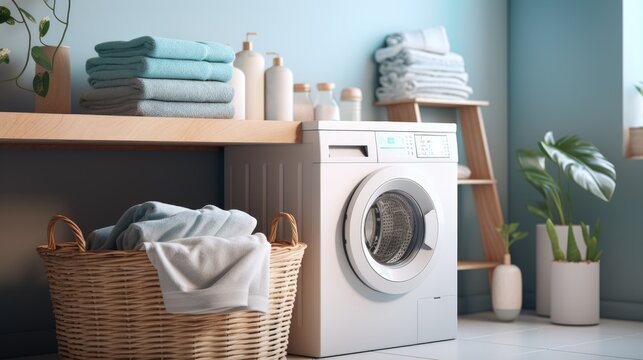 Laundry basket with towels and washing machine in modern laundry room