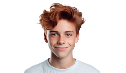 redhead boy, back to school. isolated on transparent. caucasian kid stands smiling looking at camera, in  shirt. copy space. education, learning concept
