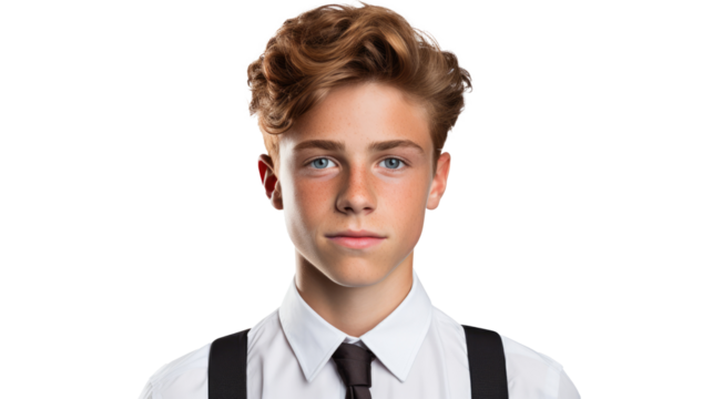 redhead boy, back to school. isolated on transparent. caucasian kid stands smiling looking at camera, in  shirt. copy space. education, learning concept