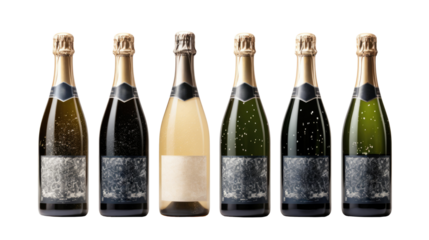 Champagne bottles set with blank label, isolated on transparent background
