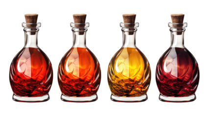 Set from alcohol tincture, balsam, whiskey, cognac, brandy bottles isolated on transparent background. Mock up for you design.