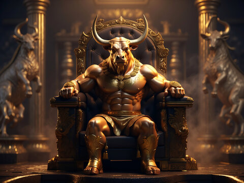 A golden Minotaur, half man and half bull, sits on his throne.