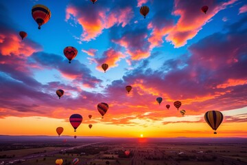 Hot air balloons against the sunset sky, panoramic view of horizon. - obrazy, fototapety, plakaty