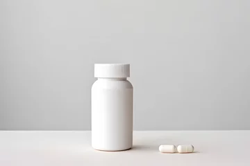Fotobehang White medicine bottle mockup. Blank label vitamin template. Pills jar isolated on grey background  © Oksana