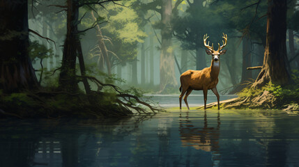 A deer is standing in the middle of the water in a wild