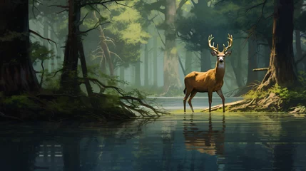 Deurstickers A deer is standing in the middle of the water in a wild © Ayyan