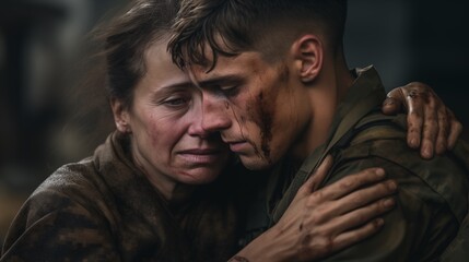 Obraz premium Close up photo of young soldier back from war and his sad mother hugging him or saying goodbye. AI generated image