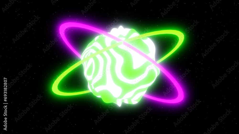 Aufkleber 3d abstract neon shine glitter glow pink green round sphere planet with circle hoops. blob fluid sha
