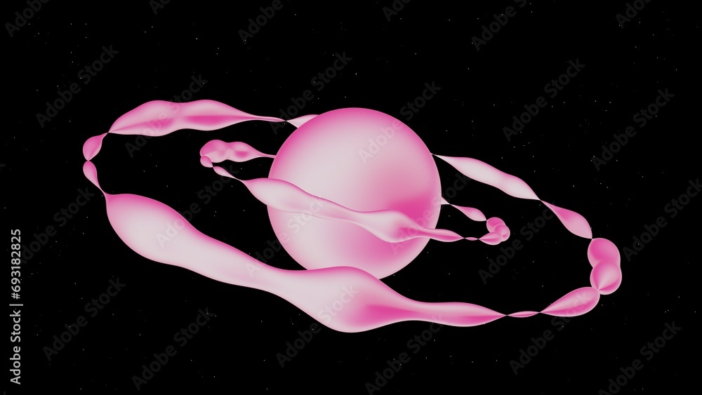 Poster 3d abstract pink planet with liquid morph blob hoops rotating in space surface. galaxy futuristic y2