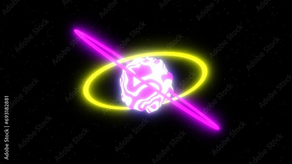 Poster 3d abstract neon shine glitter glow pink round sphere planet with circle hoops. blob fluid shape rot