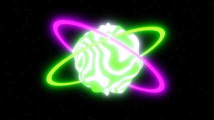 3d Abstract neon shine glitter glow pink green round sphere planet with circle hoops. Blob fluid shape rotating in space isolated black. Retro y2k 80s 90s. Wave zebra texture.