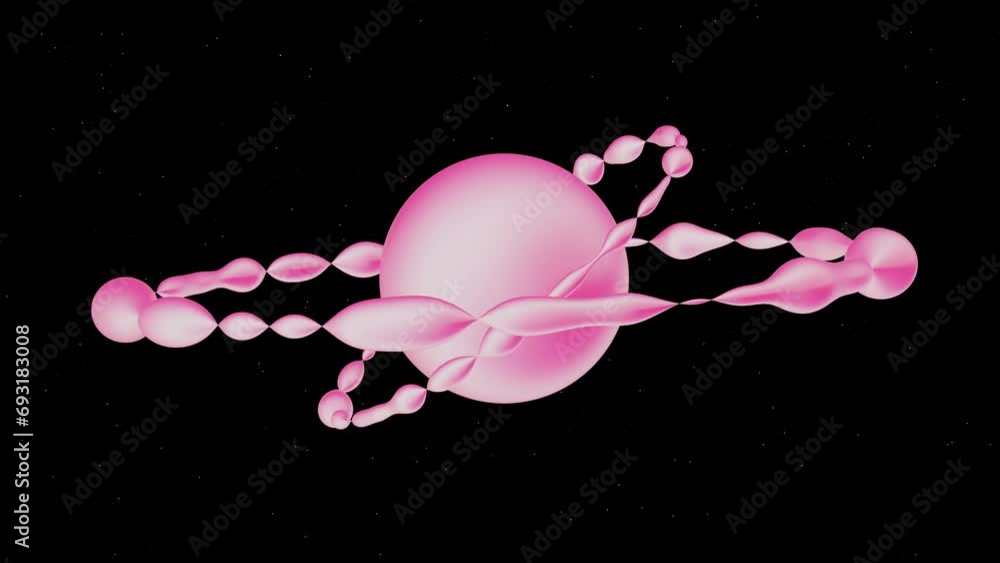 Poster 3d abstract pink planet with liquid morph blob hoops rotating in space surface. galaxy futuristic y2