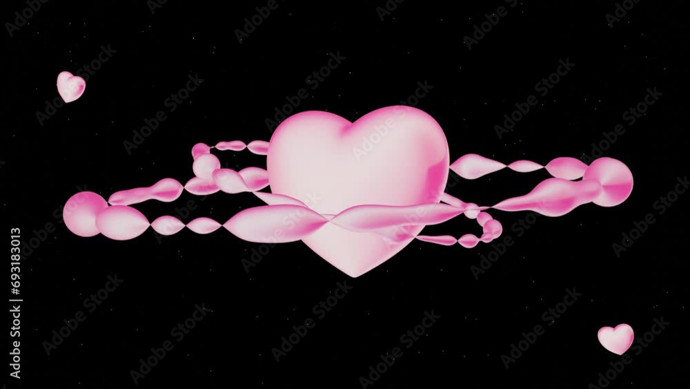 Poster 3d abstract pink heart with liquid morph blob hoops rotating in space surface. galaxy futuristic y2k