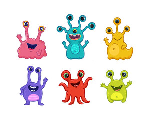 Big set of cute cartoon monsters with eyes. Funny characters on white background. Icon monster. Doodle style. Alien. 
