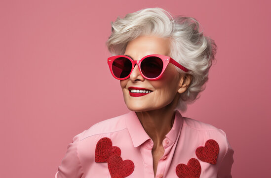 mujer senior de mas de 60 a&ntilde;os portando gafas rojas y camisa rosa con corazones rojos, sobre fondo rosa, concepto celebraciones, san valentin, dia de la madre, aniversario