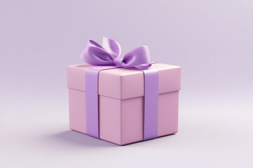 Obraz premium Cute pink gift box with purple ribbon on lavender background. Birthday gift.