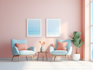 Interior design with a modern armchair in pastel blue and pastel pastel pink wall, light and shadows