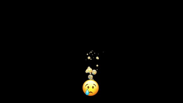 Yellow sad face emoji with a tear on a black background. Sad but relieved face is a flat animated emoji. Alpha Channel.