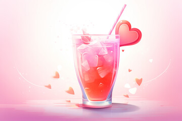 Illustration of the Valentine's Day cocktail or a love potion. Pink drink with hearts on pink background.