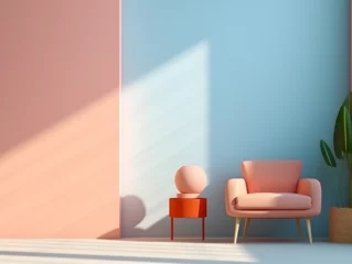 Papier Peint photo Pantone 2024 Peach Fuzz Interior design with a modern armchair in pastel peach fuzz and pastel blue wall, light and shadows