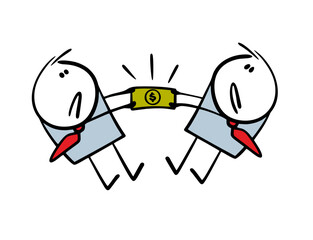 Fototapeta premium Two disgruntled businessmen can not split dollar. Vector illustration of two men pulling a paper bill, fighting with a competitor. Isolated cartoon caricature on white background.